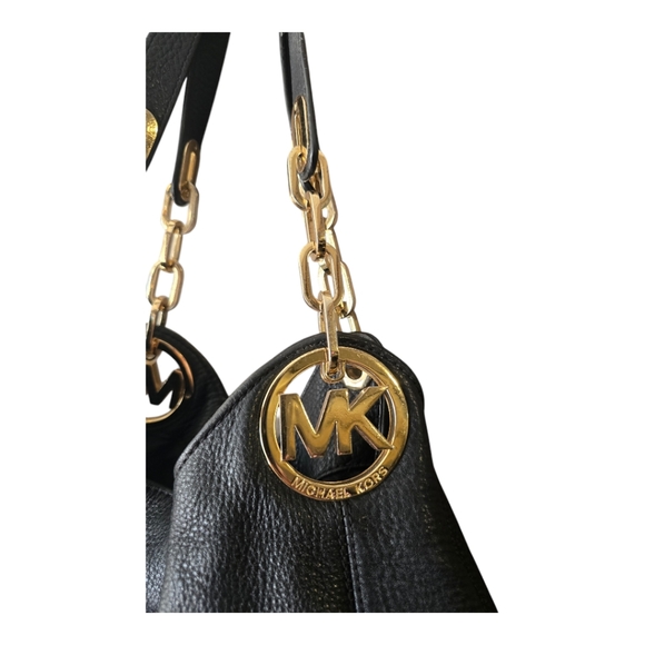 MICHAEL KORS FULTON BLACK PEBBLE LEATHER CHAIN BAG TOTE EXTRA ROOMY EUC - Picture 2 of 16